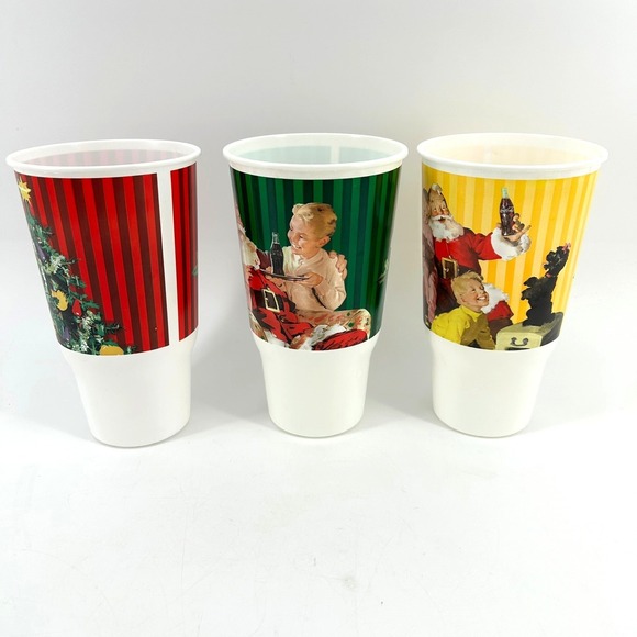 Vintage Coca Cola Christmas Plastic Cups Set of 3 Santa Claus Holiday Tumblers - Picture 3 of 6